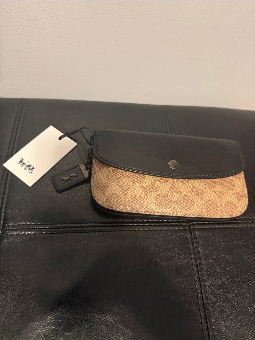 Coach Tan Signature Canvas with Black Leather Flap Wristlet
